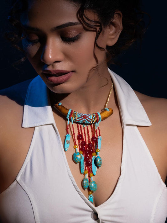 Turquoise Statement Necklace Glass  Bead Handmade Wood Stainless Steel Clasp Gold Red