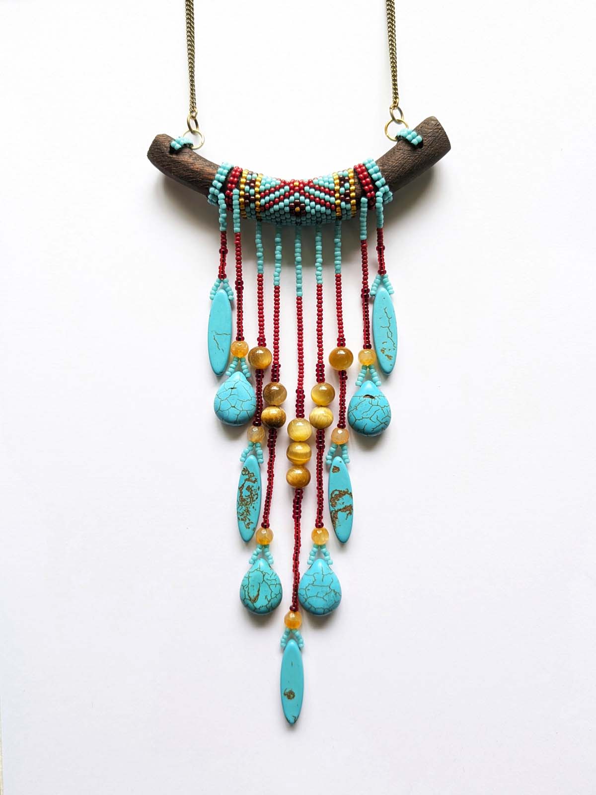Turquoise Statement Necklace Glass  Bead Handmade Wood Stainless Steel Clasp Gold Red