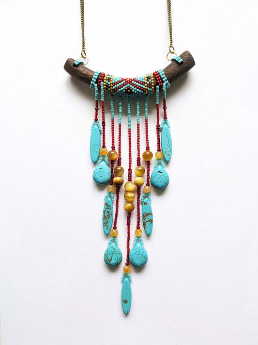 Turquoise Statement Necklace Glass  Bead Handmade Wood Stainless Steel Clasp Gold Red