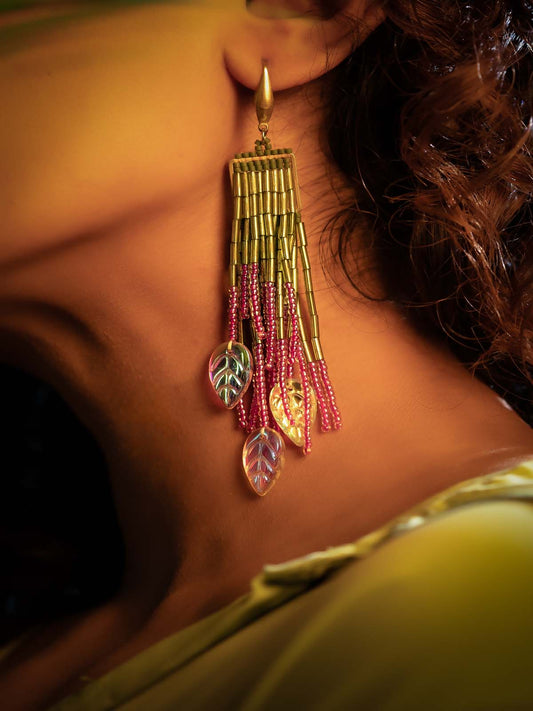 Alice Handmade Beaded Earrings Green Pink Gold