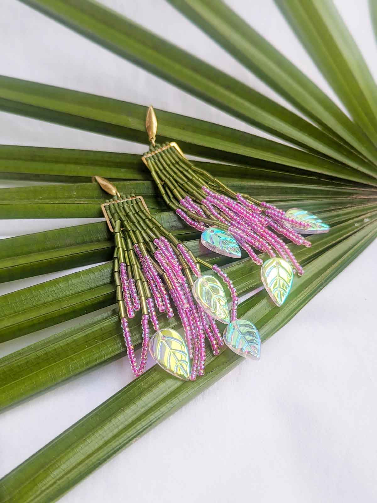 Alice Handmade Beaded Earrings Green Pink Gold
