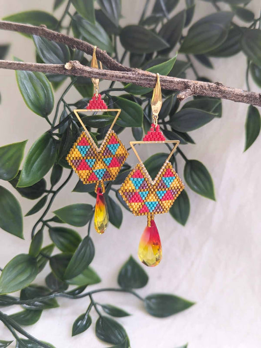 Anya Sunset  Earrings Handmade Beaded Weaving Gold Yellow Red Maroon Blue Crystal Hook Dangler
