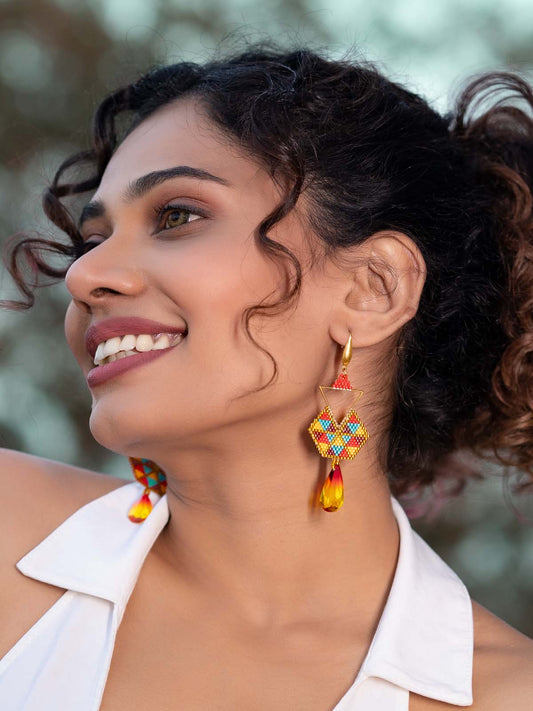 Anya Sunset  Earrings Handmade Beaded Weaving Gold Yellow Red Maroon Blue Crystal Hook Dangler