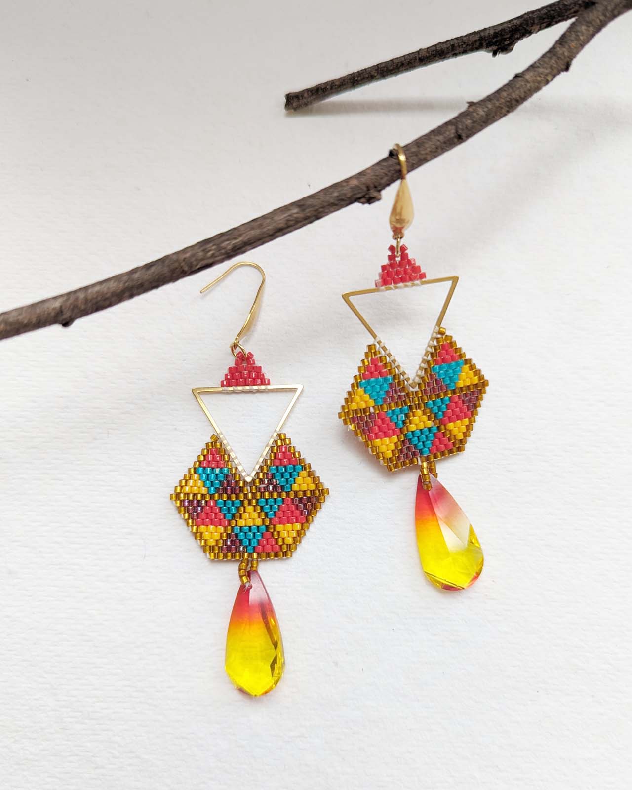 Anya Sunset  Earrings Handmade Beaded Weaving Gold Yellow Red Maroon Blue Crystal Hook Dangler