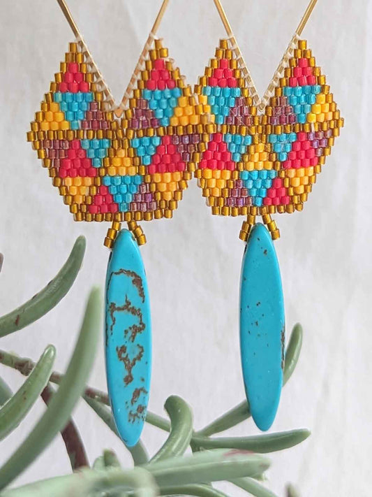 Anya Turquoise Handmade Beaded Earrings Weaving Blue Green Red Pink Yellow Gold Triangle Hook