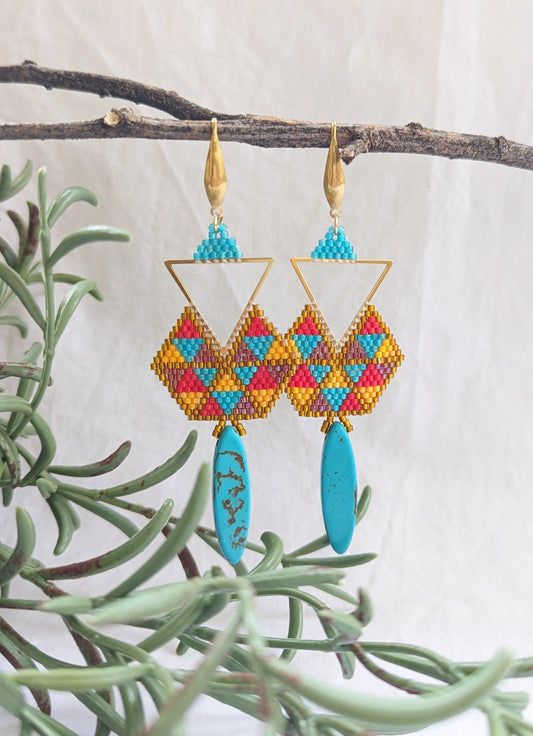 Anya Turquoise Handmade Beaded Earrings Weaving Blue Green Red Pink Yellow Gold Triangle Hook Dangler