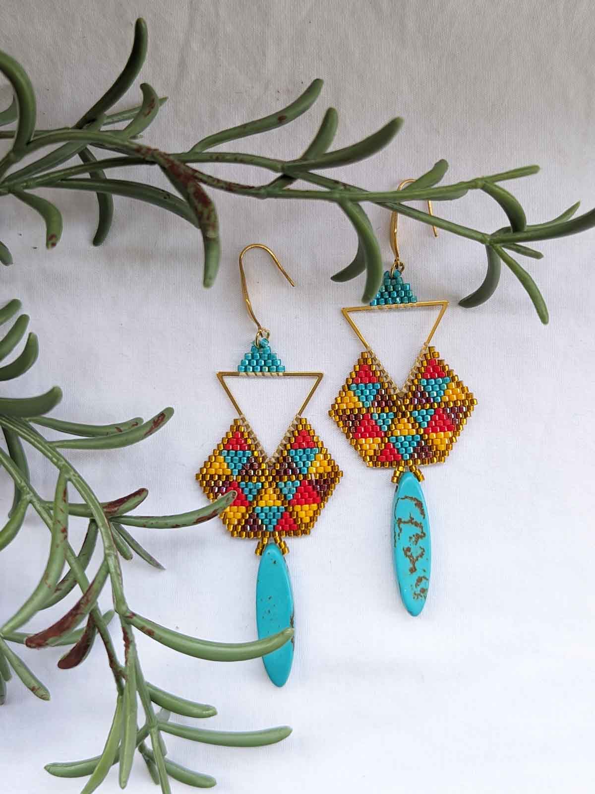 Anya Turquoise Handmade Beaded Earrings Weaving Blue Green Red Pink Yellow Gold Triangle Hook