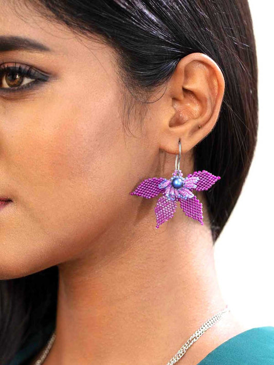 Asiatic Lily Earrings in Viva Magenta Handmade Beaded Weaving Purple Pearl Hook Dangler