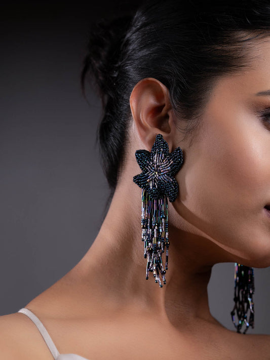 Aurora Handmade Beaded Earrings Embroidered Black Floral Silver Purple Stud