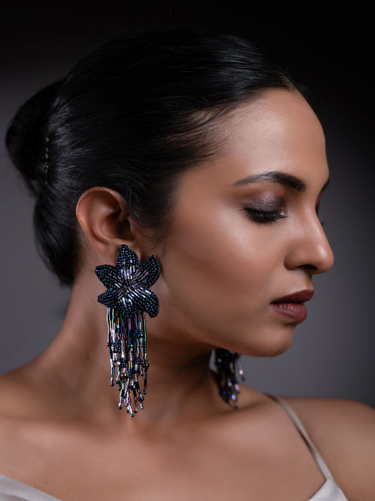 Aurora Handmade Beaded Earrings Embroidered Black Floral Silver Purple Stud