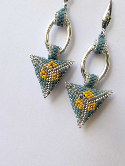 Handmade Beaded Ava Earrings Silver Blue Yellow