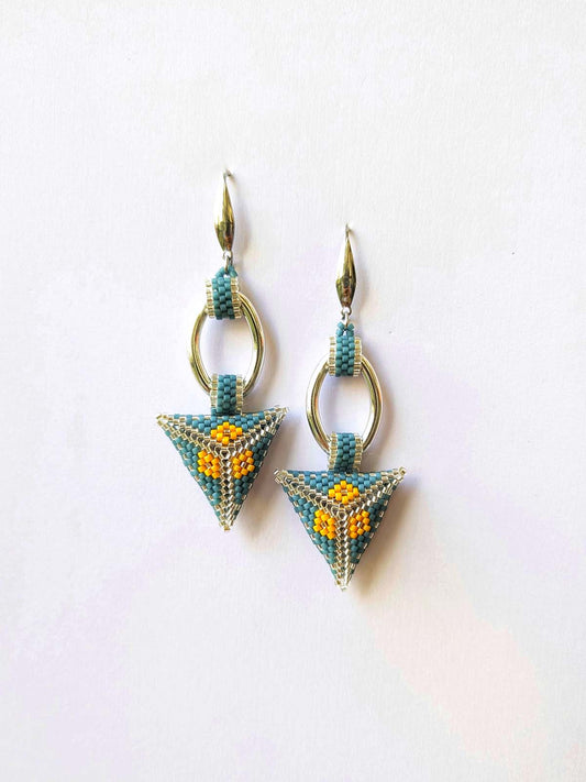 Handmade Beaded Ava Earrings Silver Blue Yellow