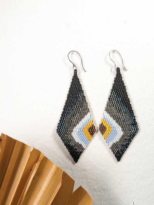 Kaia Black Earrings Handmade Beaded Weaving Hook Dangler Silver Black White Blue Yellow Brownv