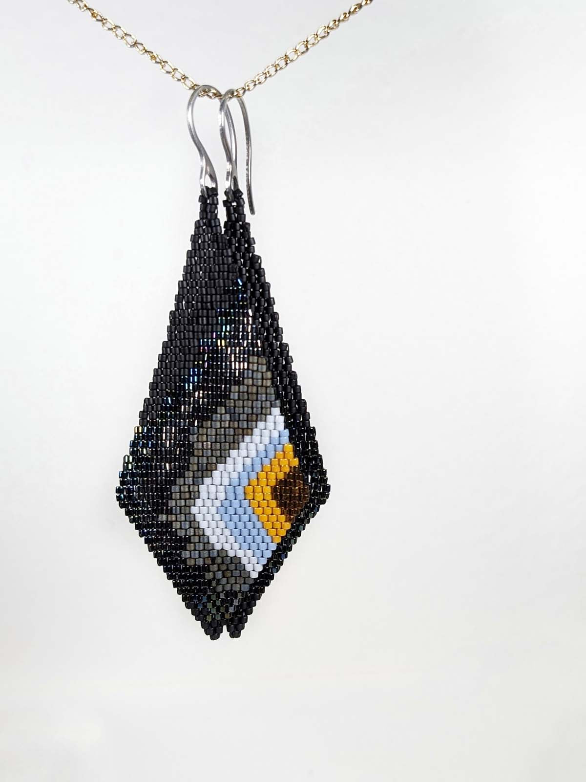 Kaia Black Earrings Handmade Beaded Weaving Hook Dangler Silver Black White Blue Yellow Brown