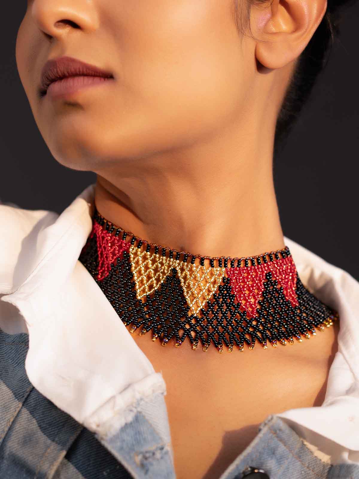 Black & Red Collar Necklace Handmade Beaded Gold