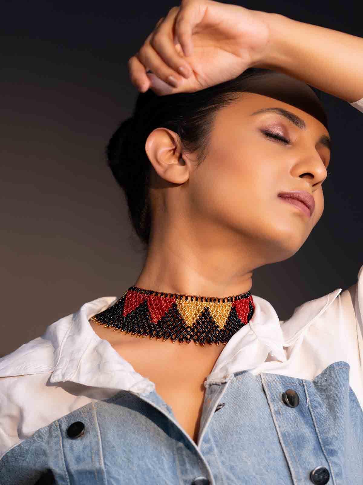 Black & Red Collar Necklace Handmade Beaded Gold