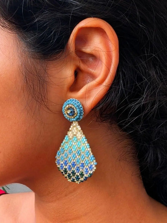 Ombre Blue Beaded Earrings with Gold Accents