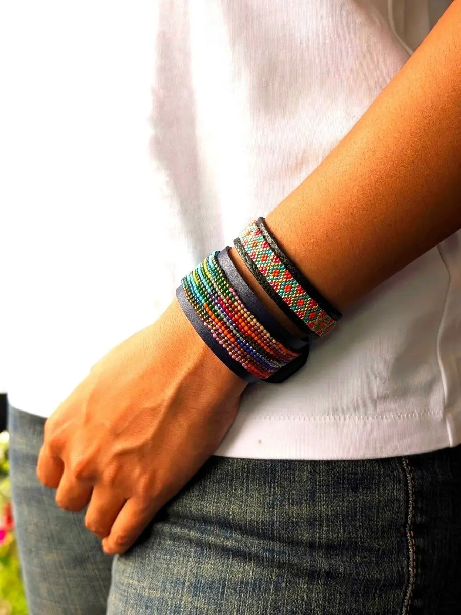 Geometric Beaded Leather Cuff Bracelet