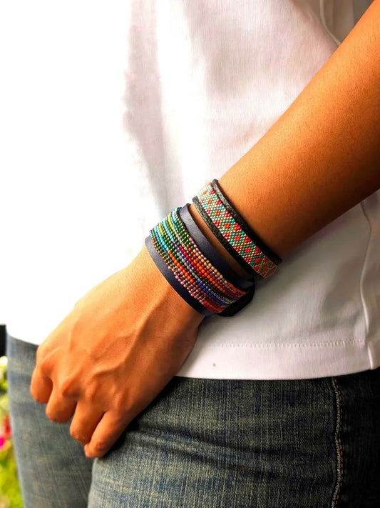 Geometric Beaded Leather Cuff Bracelet