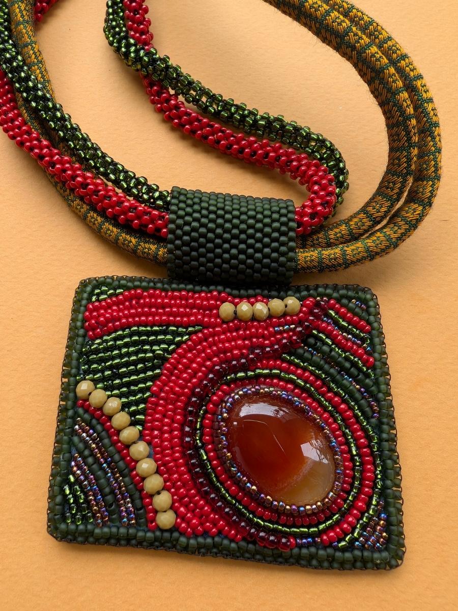 Handmade Beaded Brown Agate Rope Fabric Necklace