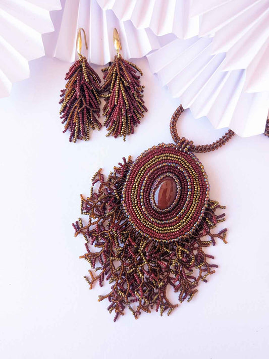 Brown Waterfall Handmade Beaded Necklace Earrings Gold Bronze Onyx Gemstone Cabochon Brass