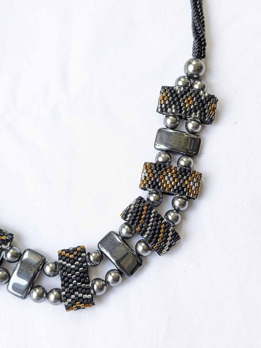 Caila Black Handmade Beaded Necklace Silver Gold