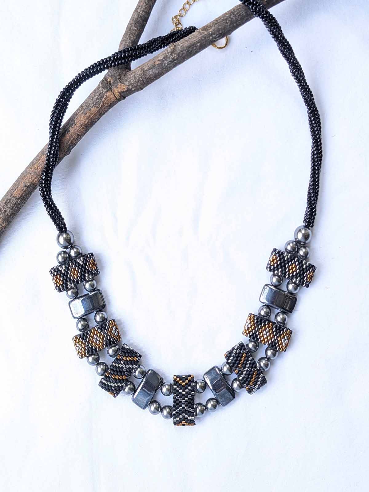 Caila Black Handmade Beaded Necklace Silver Gold