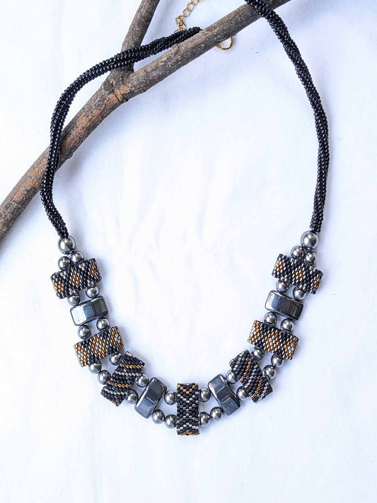 Caila Black Handmade Beaded Necklace Silver Gold