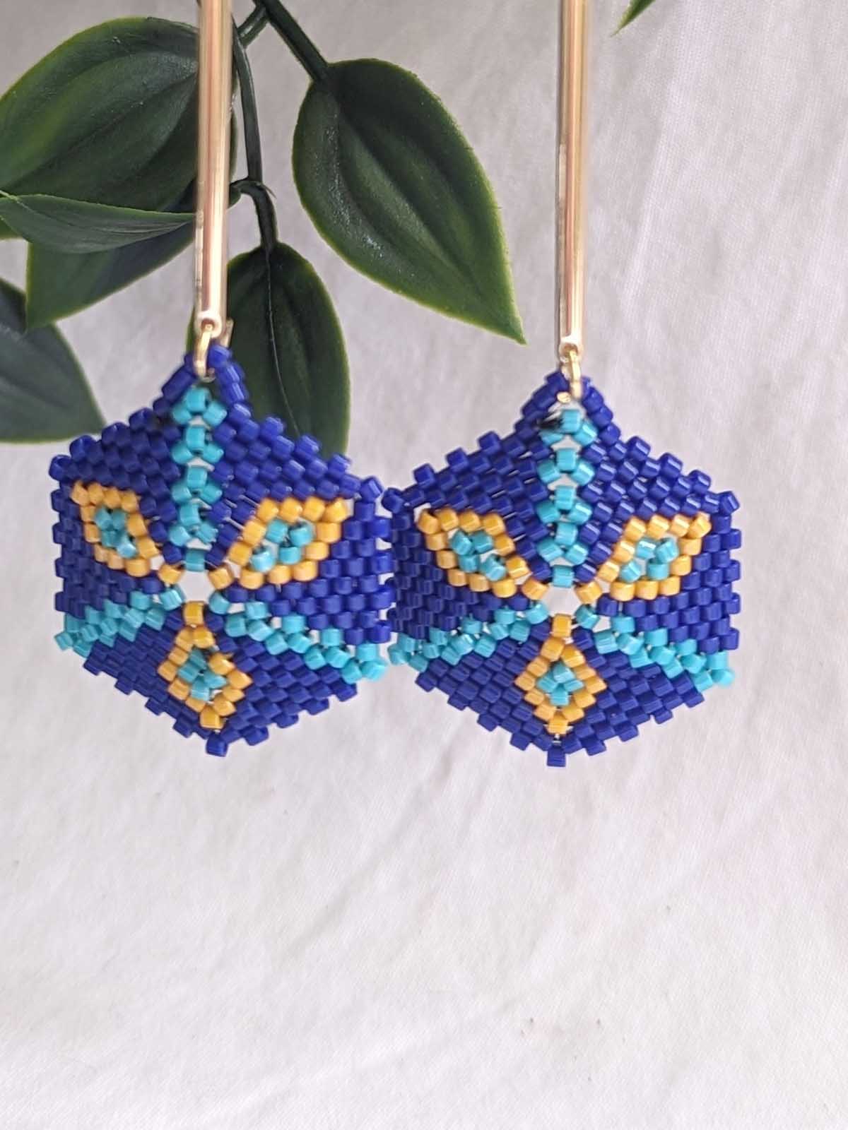 Caylin Earrings Handmade Beaded Weaving Blue Gold Yellow Hook Long Dangler