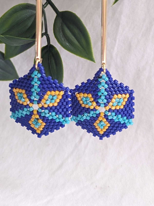 Caylin Earrings Handmade Beaded Weaving Blue Gold Yellow Hook Long Dangler