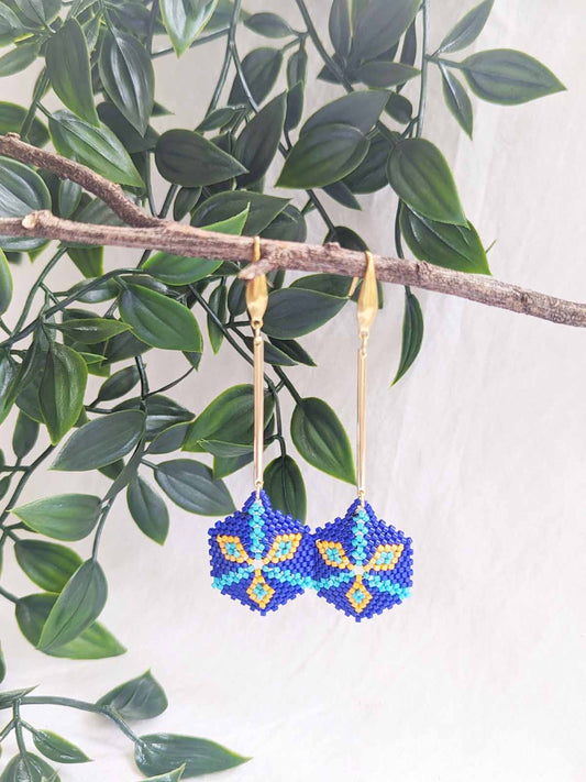 Caylin Earrings Handmade Beaded Weaving Blue Gold Yellow Hook Long Dangler