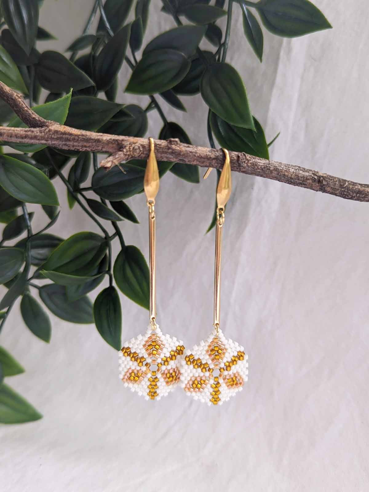 Caylin Handmade Beaded Earrings Weaving Gold Whihte hook Dangler