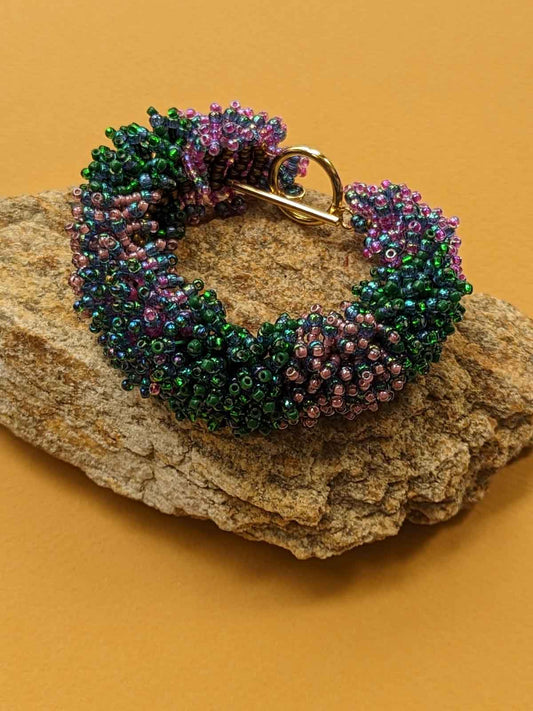 Handmade Beaded Glass Bracelet Coral Brass Blue Purple Green Pink Woven