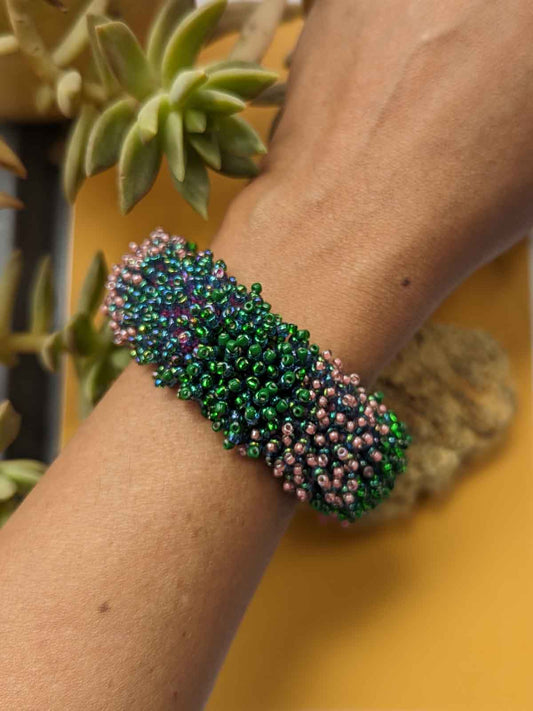 Handmade Beaded Glass Bracelet Coral Brass Blue Purple Green Pink Woven