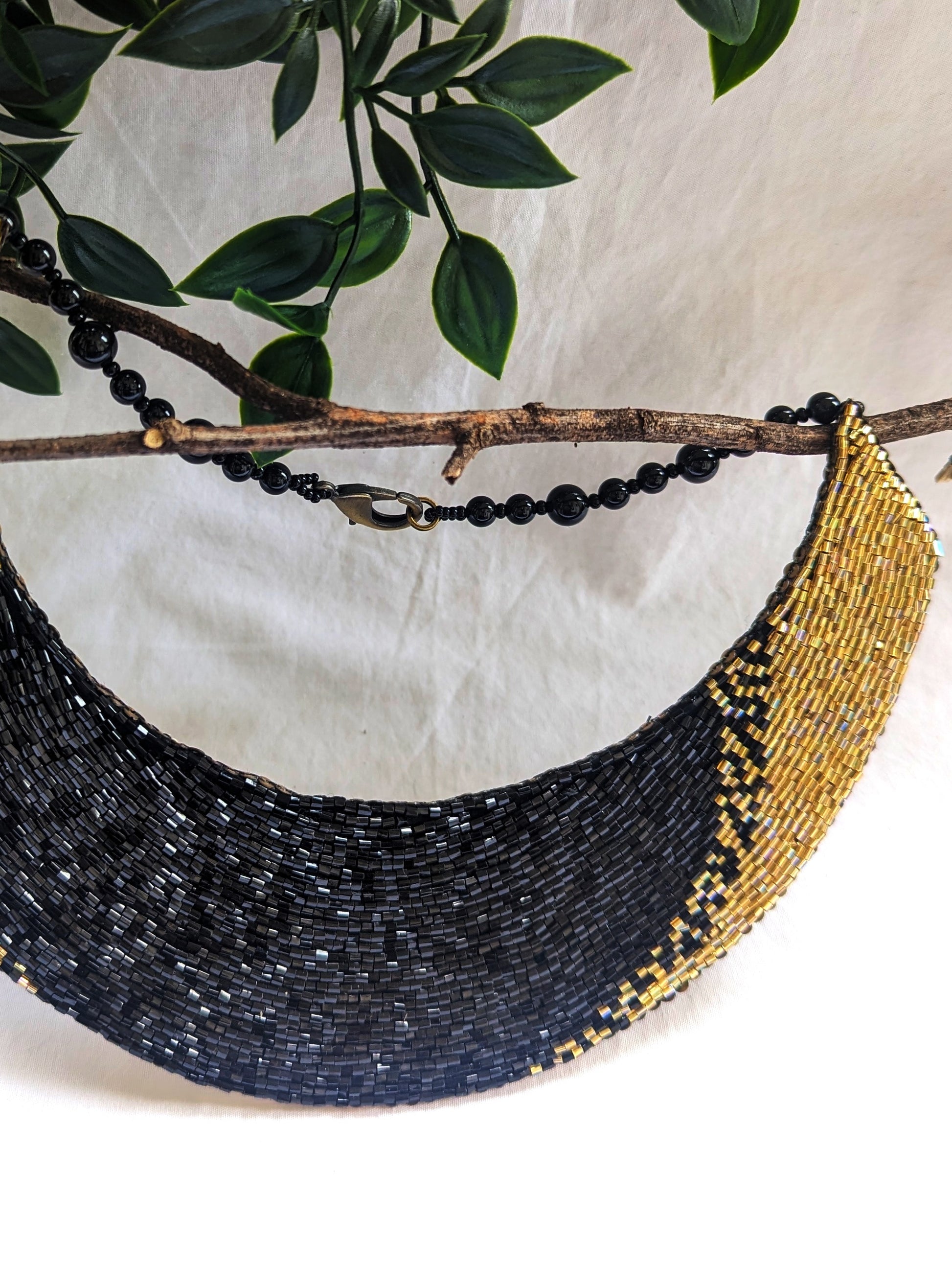 Eliza Handmade Beaded Necklace Agate Stone Black Gold