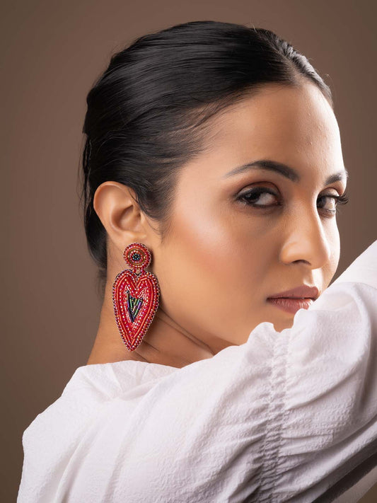 Heart Handmade Beaded Embroidered Earrings Red Maroon Pink Black