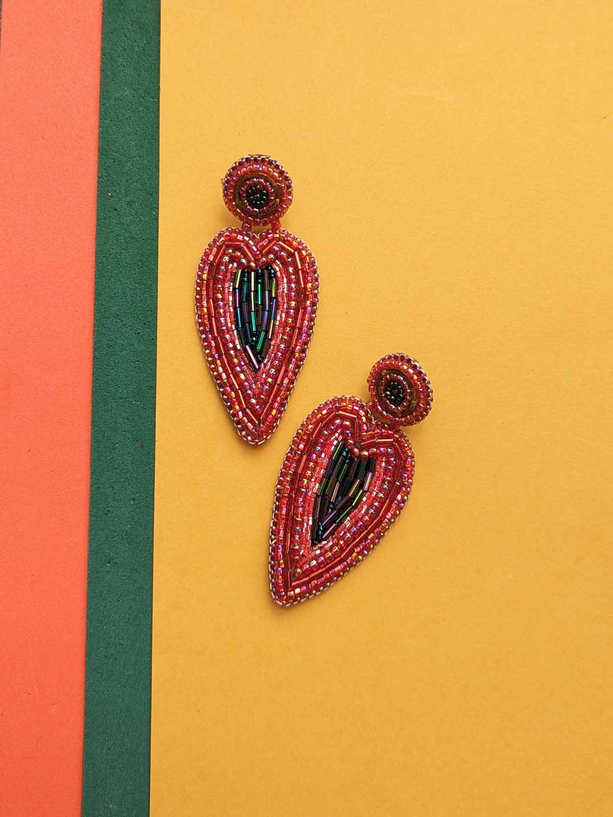 Heart Handmade Beaded Embroidered Earrings Red Maroon Pink Black