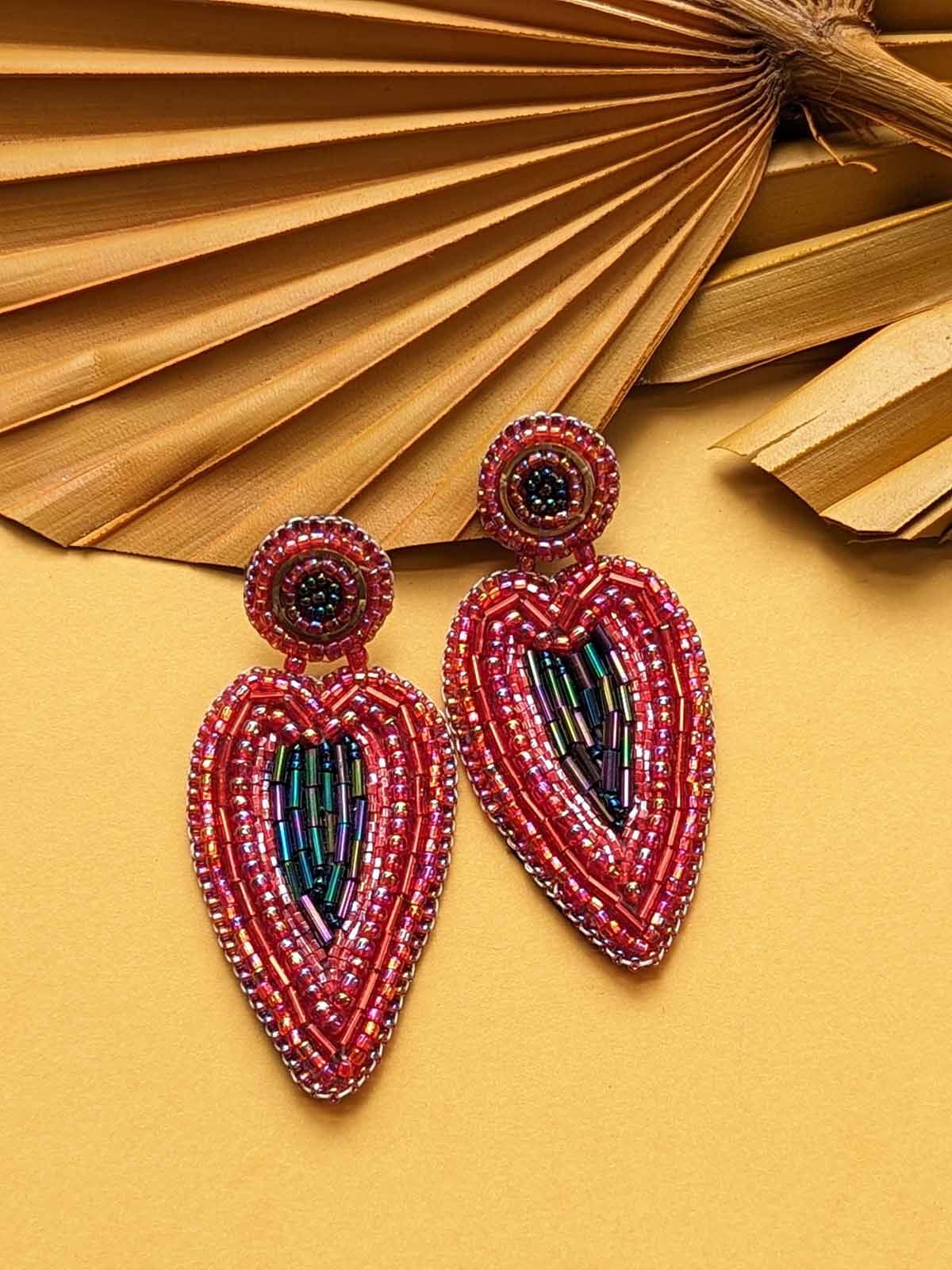 Heart Handmade Beaded Embroidered Earrings Red Maroon Pink Black