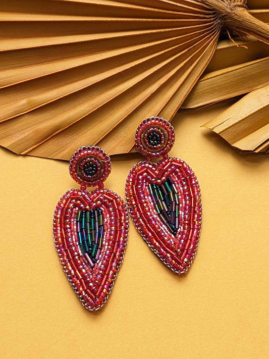 Heart Handmade Beaded Embroidered Earrings Red Maroon Pink Black