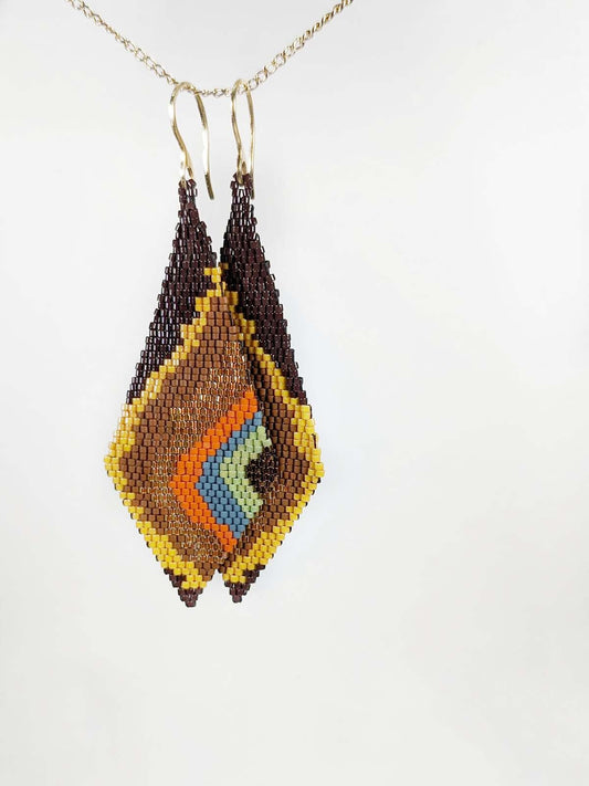Kaia Yellow Handmade Earrings Weaving Chocolate Brown Squash Terracotta Brown Orange Eearthy Shades Blue Gold Grey
