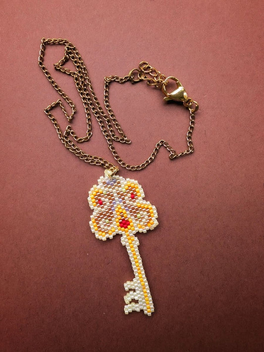Handmade Beaded Beige Gold Red Necklace