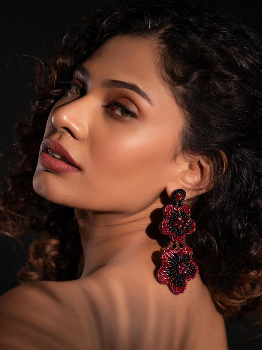 Khloe Black Handmade Beaded Earrings Embroidered Balck Red Pink Stud Flower Long