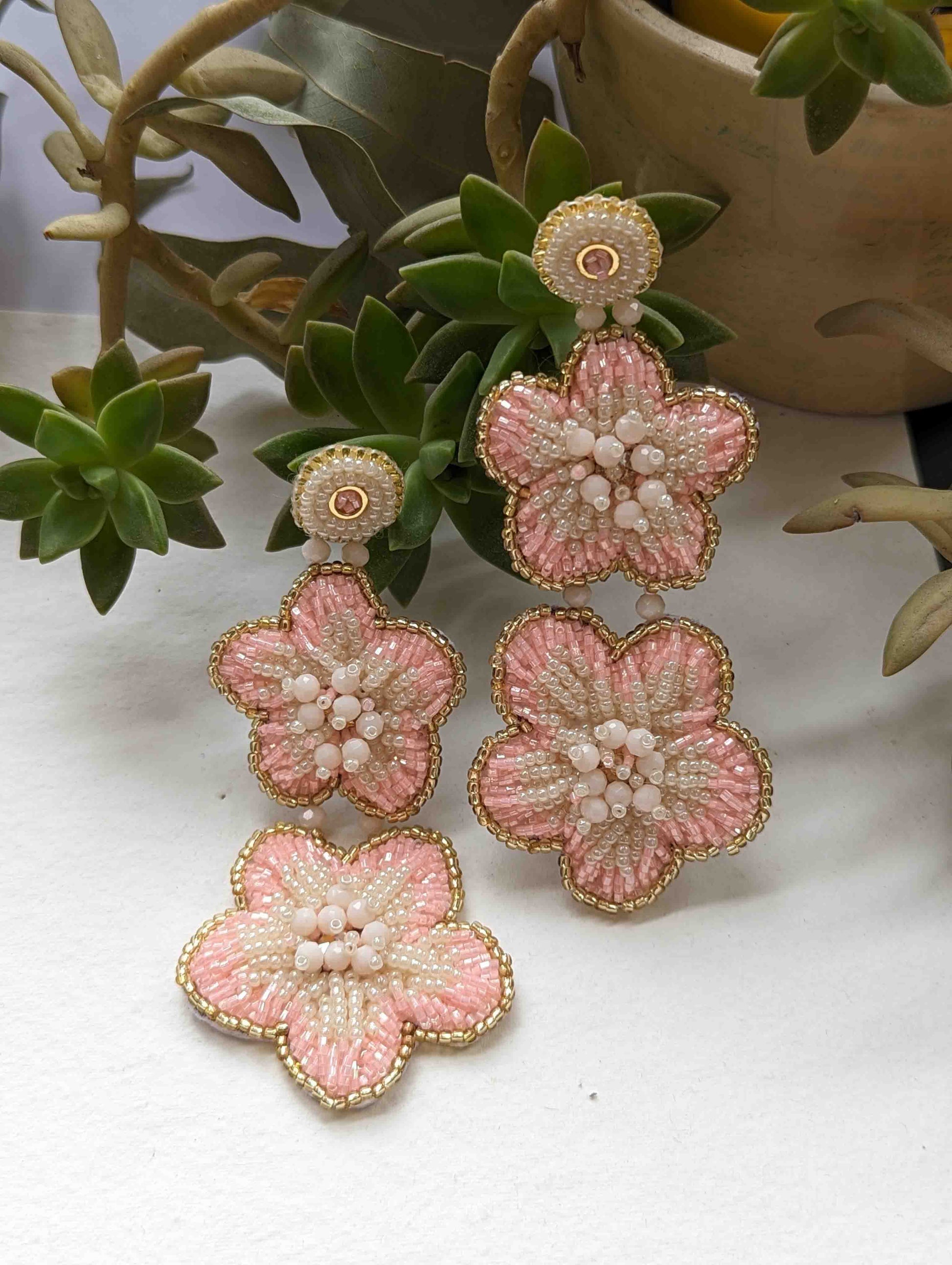 Khloe Pink Handmade Beaded Earrings Embroidered Pink White Gold