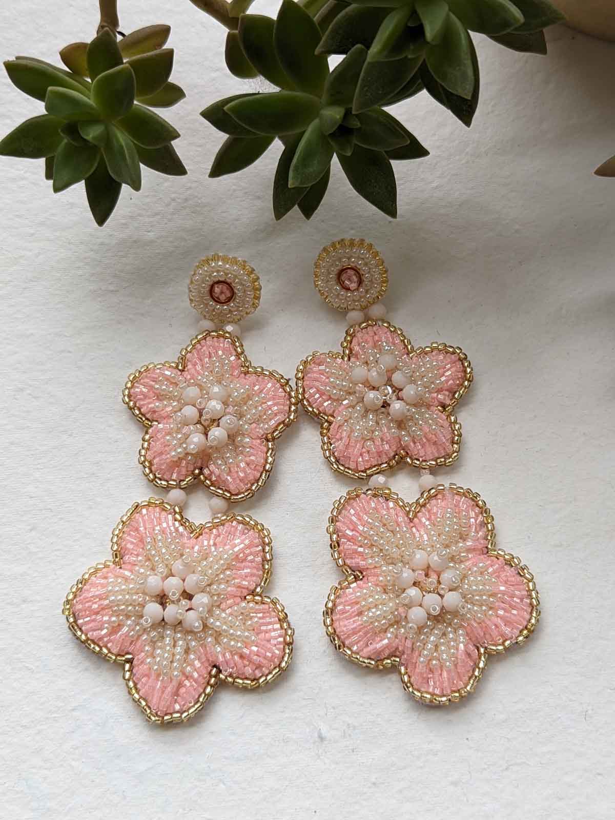 Khloe Pink Handmade Beaded Earrings Embroidered Pink White Gold