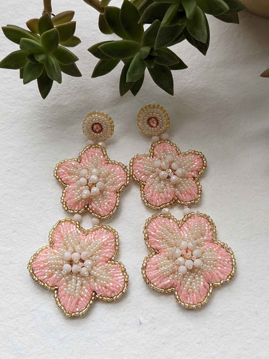 Khloe Pink Handmade Beaded Earrings Embroidered Pink White Gold