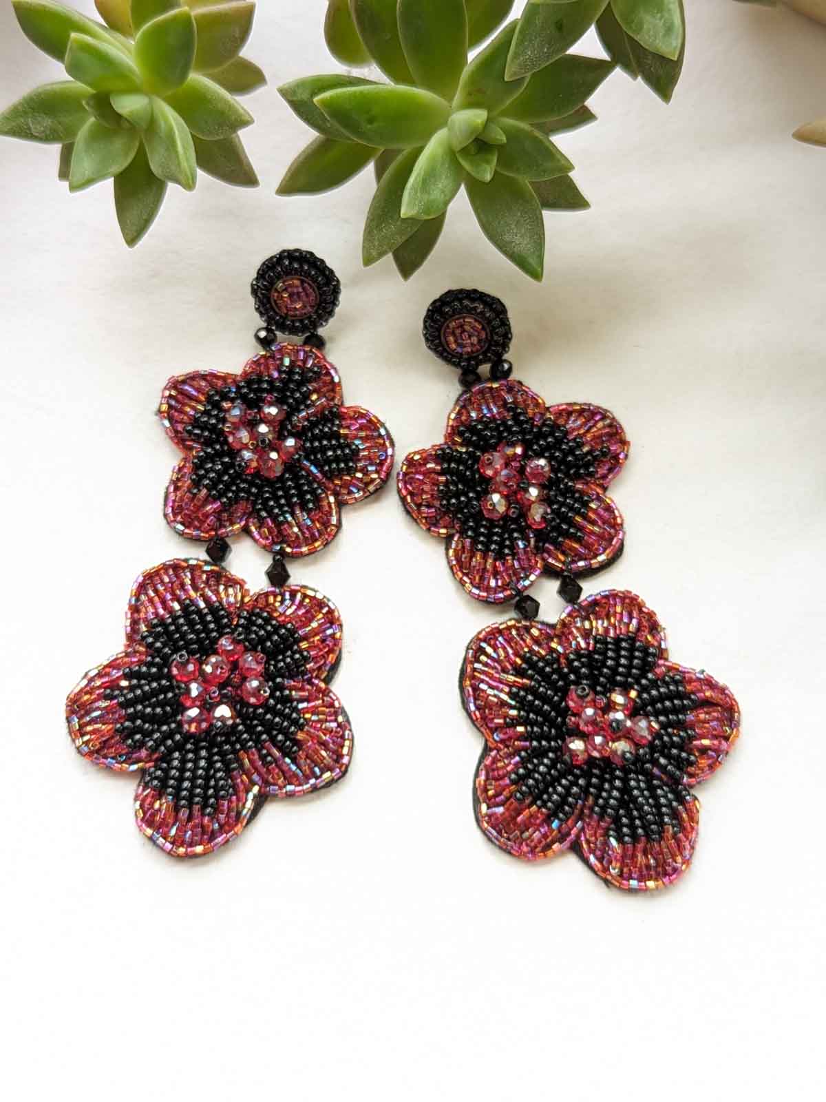 Khloe Black Handmade Beaded Earrings Embroidered Balck Red Pink Stud Flower Long