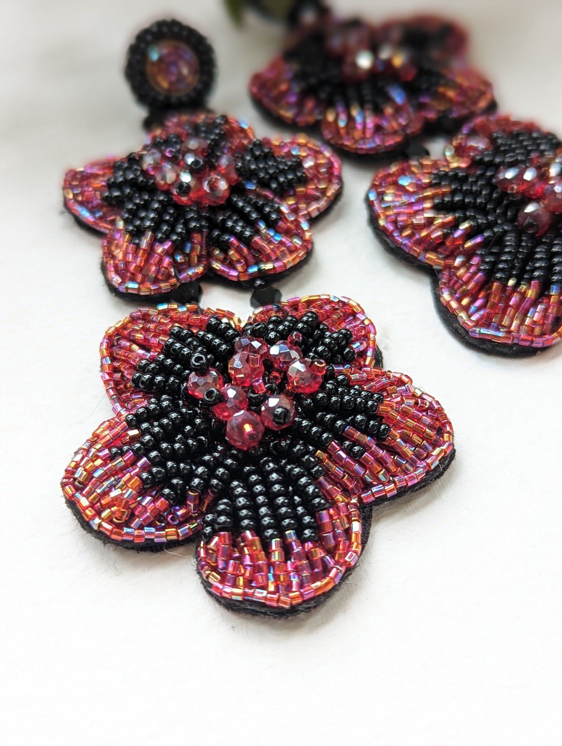 Khloe Black Handmade Beaded Earrings Embroidered Balck Red Pink Stud Flower Long