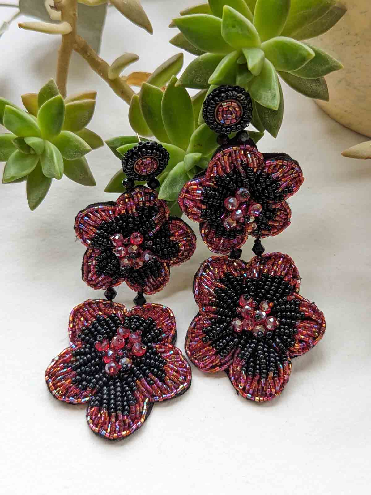Khloe Black Handmade Beaded Earrings Embroidered Balck Red Pink Stud Flower Long