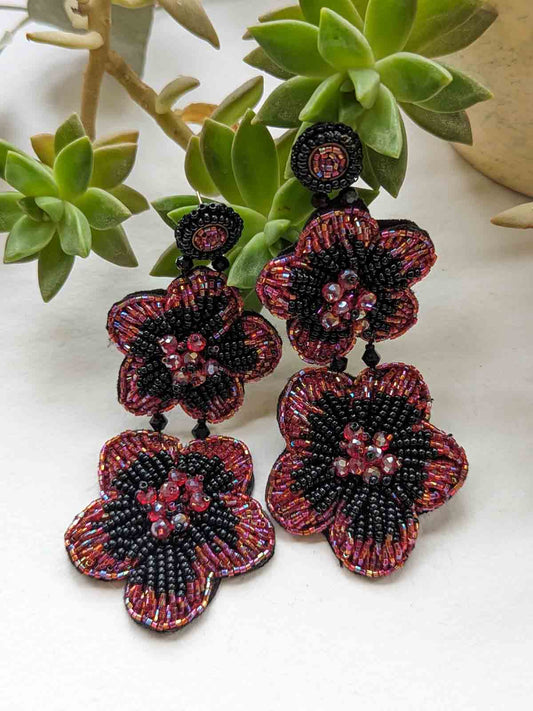 Khloe Black Handmade Beaded Earrings Embroidered Balck Red Pink Stud Flower Long