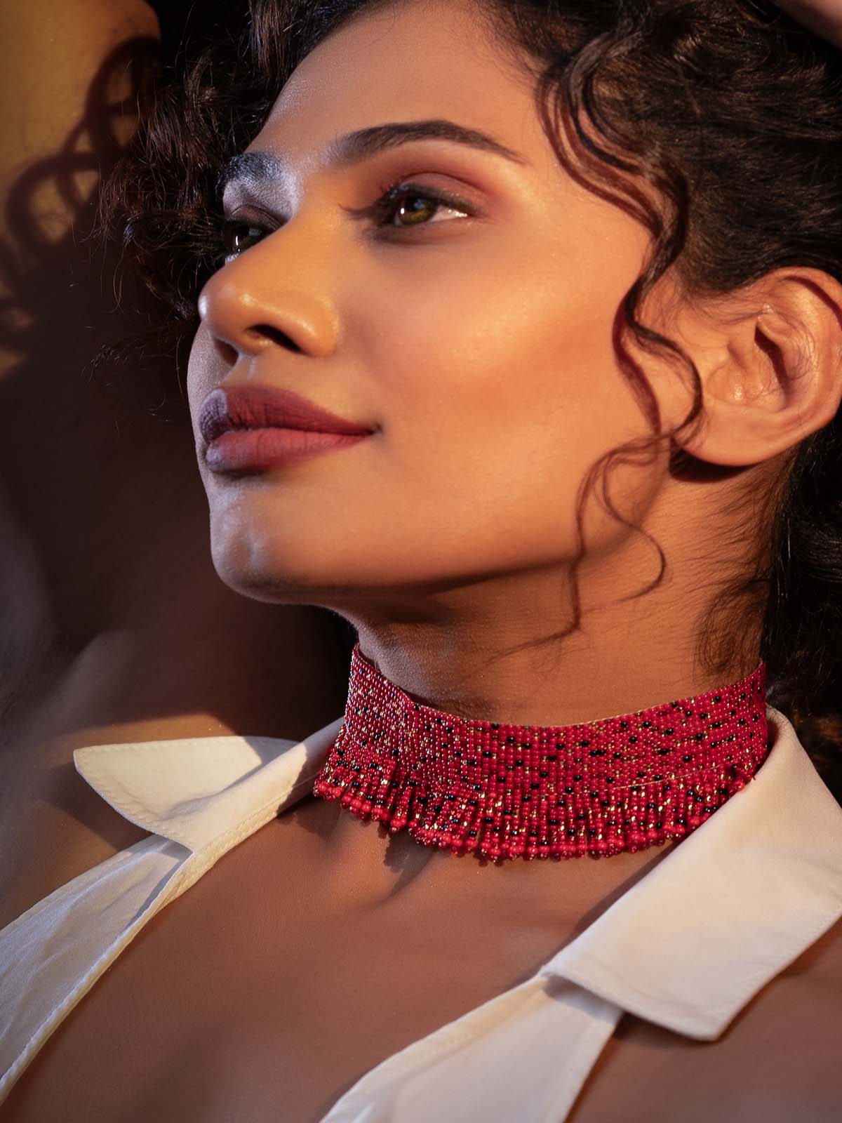 Lady in Red-Handmade Beaded Choker Red Orange Blue Gold